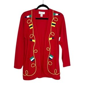 Vintage Petite Sophisticate Nautical Themed Gold Rope and Patches Red Cardigan